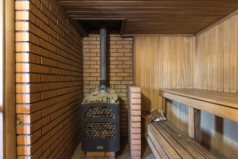 Steam room lined with wood bath sauna Stock Photos