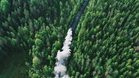 Steam Train Aerial View Moving Through the Forest Woodland. Steam smoke Stock Footage 116608566