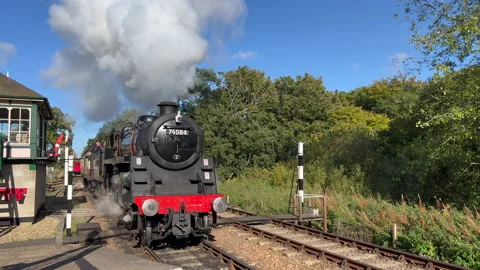 Steam Train arriving at a station Stock Footage 220494036