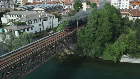 Steam Train Bridge Aerial View Stock Footage 244052870
