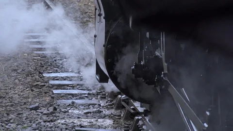 Steam Train close up old style image person climbing on UK England 4K Stock Footage 125071022