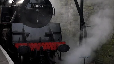 Steam Train close up in station old style image UK England 4K Stock-Footage 120192445