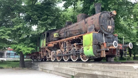 Steam train engine on display in Stara Zagora, Bulgaria Stock Footage 245569771