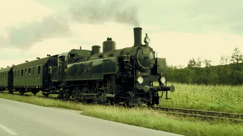 Steam train engine. nostalgic train ride. slow motion Stock Footage 34539569