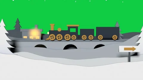 Steam train entering right moving left across bridge toward horizon, snow Stock Footage 340269541