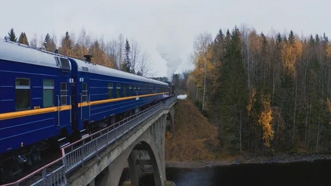 Steam train passing the bridge Stock Footage 126577817