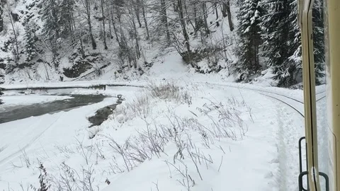 Steam Train POV Through Snowy Forest Curve Stock Footage 341764624