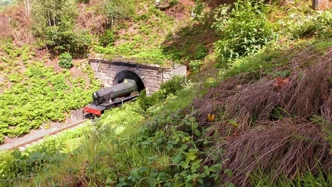 Steam train producing smoke emerging from railway tunnel Stock Footage 80287286