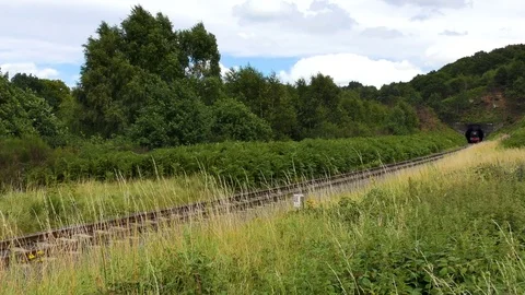 Steam train producing smoke emerging from railway tunnel Stock Footage 80287885