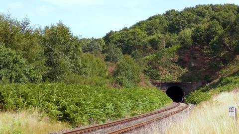 Steam train producing smoke emerging from railway tunnel Stock Footage 80318269