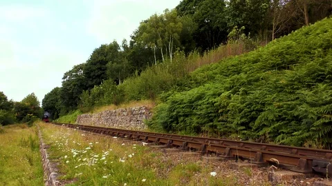 Steam train producing smoke travelling countryside railway track Stock Footage 80315558