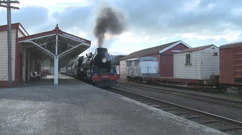 Steam train pulls into old station Stock Footage 881965