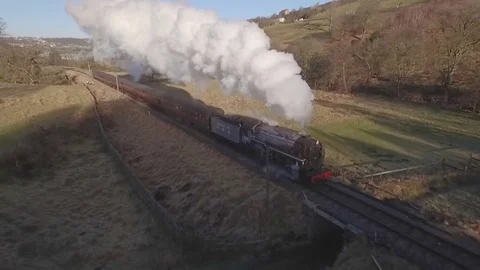 Steam Train at speed (Aerial) Stock Footage