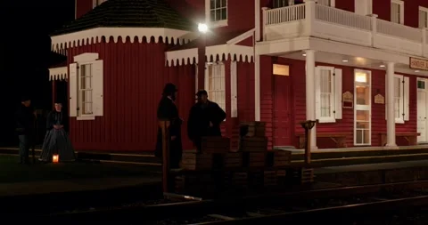 Steam Train Station At Night - Static Camera Stock Footage 235471819