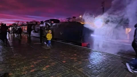 Steam train in the station at sunset Video stock 258823121
