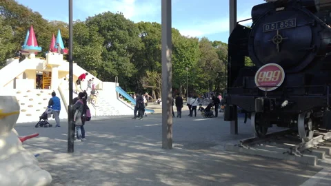 Steam train used as a play area for Japanese children in Asukayama park. Stock Footage 151833045