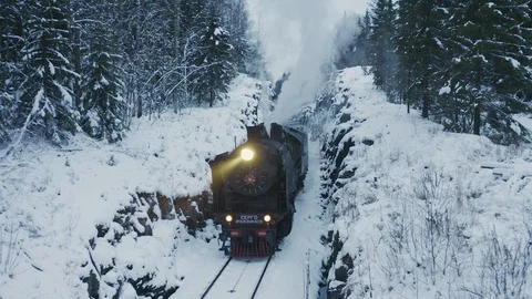 Steam train from USSR in winter forest with rocks Stock Footage 121465418