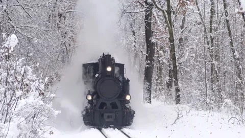 Steam train wheels close-up view in winter forest Stock Footage 258391471
