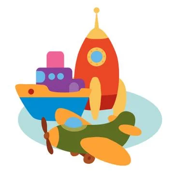 Steamboat, rocket, plane, flat, isolated object on a white background, vector Stock Illustration