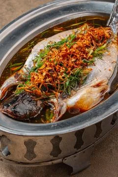 Steamed Catfish with ginger Stock Photos