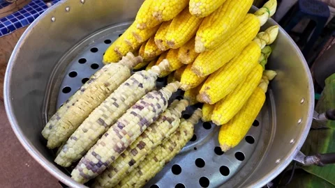 Steamed Corn Cobs Displayed at Thai Street Food Market Stall Stock Footage 335998735