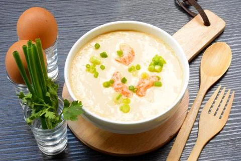 Steamed Egg with shrimp. Stock Photos