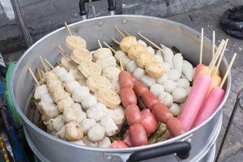 Steamed  fish meatball in container Stock Photos