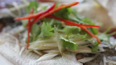 Steamed Fish with Soy Sauce on Serving Plate Stock Footage 344398869
