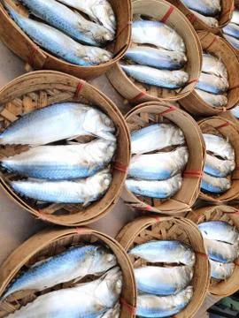 Steamed mackerel in bamboo basket, shop in Bangkok, Thailand. Stock Photos