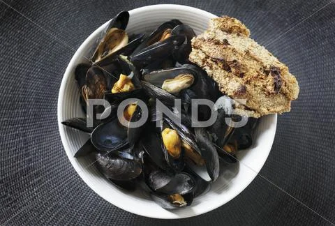 Steamed mussels with bread (Portugal) Stock Photos