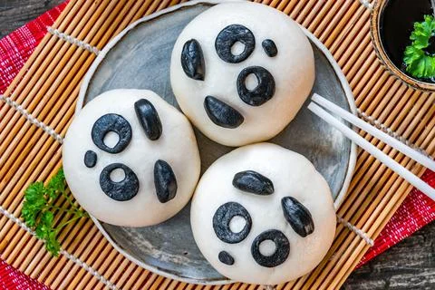 Steamed panda buns with savoury mushroom and hoisin filling. Chinese New Year Stock Photos