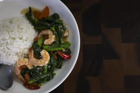 Steamed Rice With Spicy Stir Fried Chinese Kale Shrimp Stock Photos