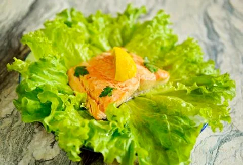 Steamed salmon on a plate Foto stock