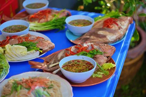 Steamed snapper pacific ocean perch, sea bass, ruby perch hotpot in spicy lem Stock Photos