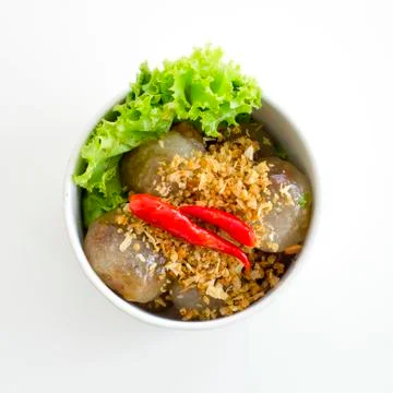 Steamed tapioca balls with peanut and pork filling Stock Photos