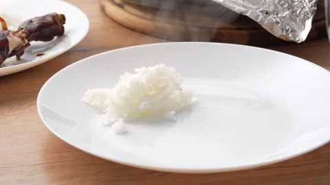 Steamed White Rice on Plate. Stock Footage 255665711