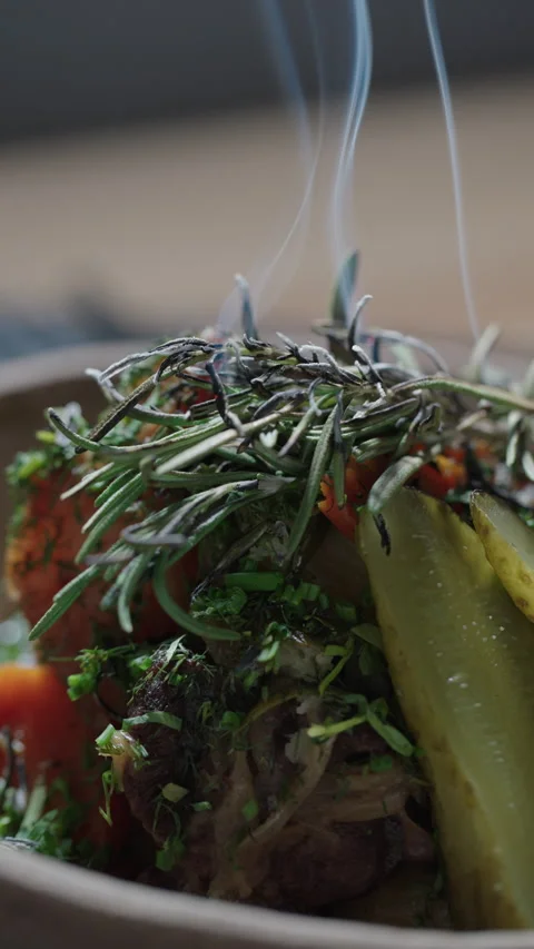 Steaming beef stew with fresh herbs Video stock 324122986