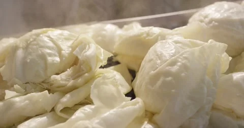 Steaming blanched white cabbage heads lying close together with rising water 動画素材 339969442