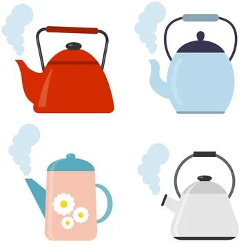 Steaming boiling teapots vector illustration set four colorful hot kitchen Illustration