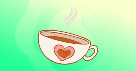 Steaming ceramic cup showing brown liquid on green yellow gradient, with pink Ilustração Stock