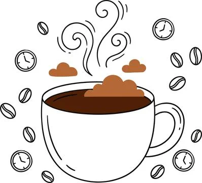 Steaming Coffee Cup with Coffee Beans and Clocks Illustration. Stock Illustration