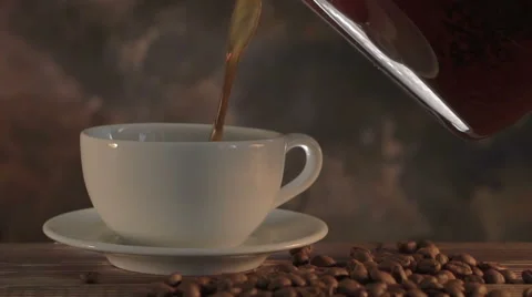 Steaming coffee on dark brown background Stock Footage 65807080