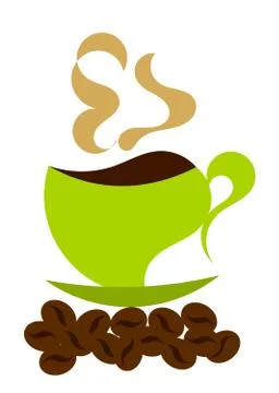 Steaming coffee in green coffee cup and whole beans in cartoon style Stock Illustration