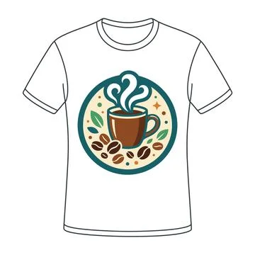 Steaming coffee mug emblem print on casual t shirt with caffeine, clothing Stock Illustration