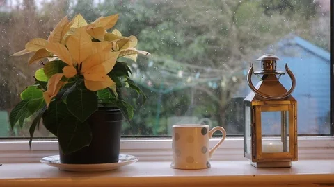 Steaming Coffee mug while snowing outside Stock Footage 86035945