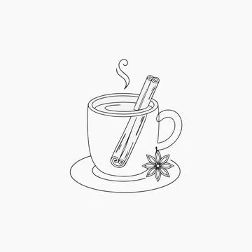 Steaming cup of cinnamon tea with stick and star anise on saucer Silhouette Stock Illustration