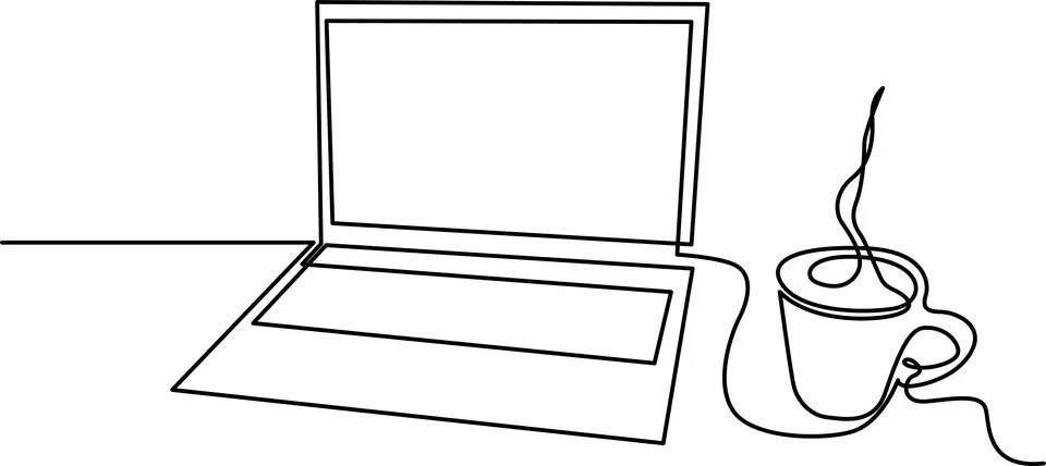 A steaming cup of coffee next to an open laptop on a desk. Vector Illustrazione stock