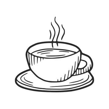 Steaming cup of coffee or tea on saucer, hand drawn illustration Stock Illustration