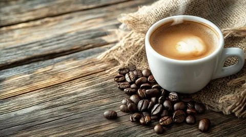 Steaming cup of espresso with coffee beans on rustic wooden table Stock Photos