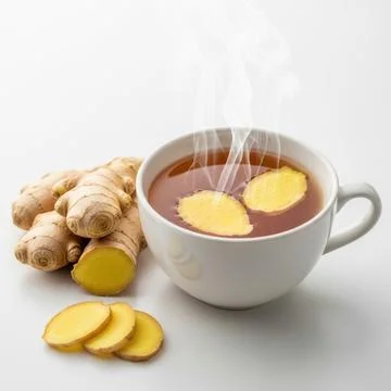 A steaming cup of ginger tea is prominently displayed, with fresh ginger ro.. Stock Illustration